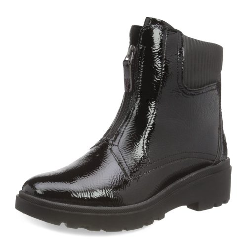 Women's Clarks, Black Crinkle Patent Calla Zip Boot